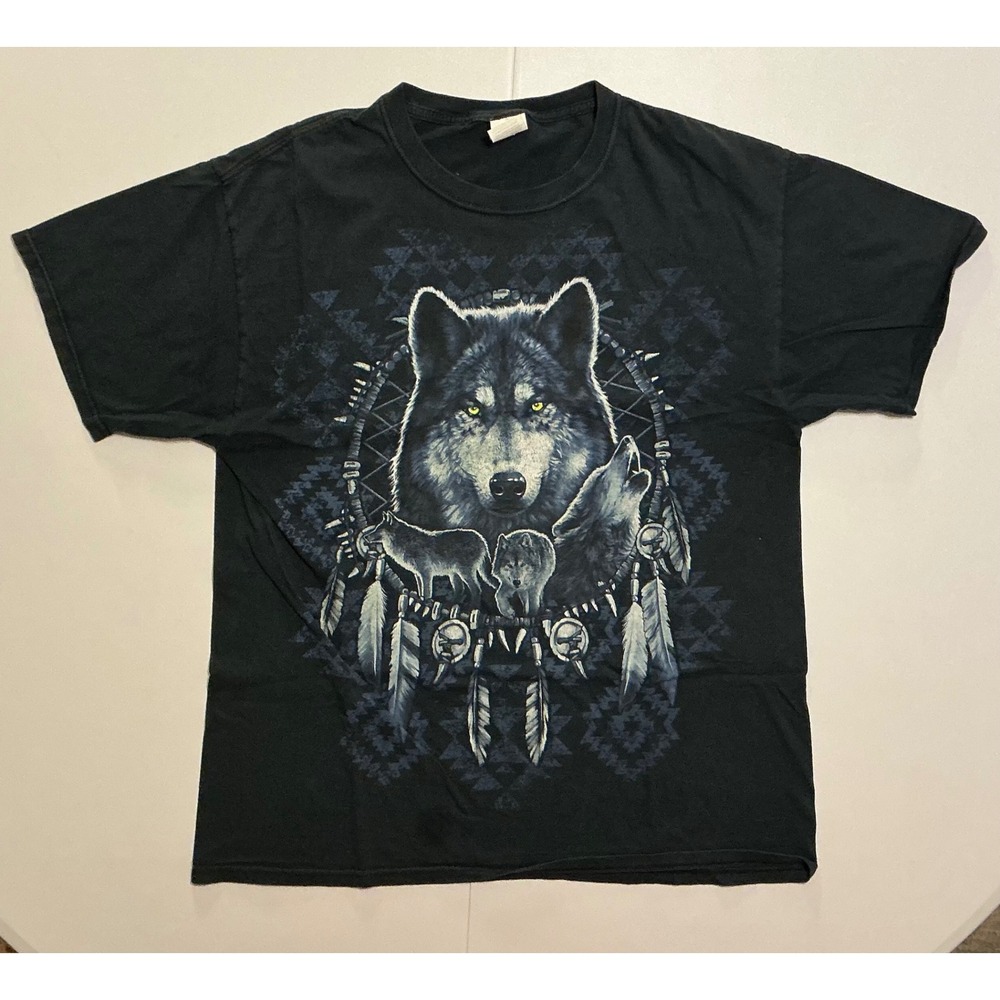 VTG Y2K Wolf Dreamcatcher Nature Grunge Fairy Mens Black T-Shirt XL